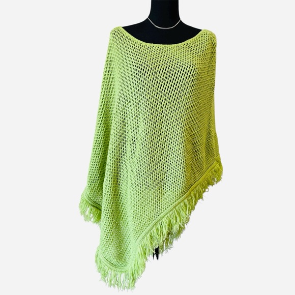Carolyn Taylor Woman Green Knit Poncho | One Size | Fringe Hem & Open Weave - Picture 1 of 5